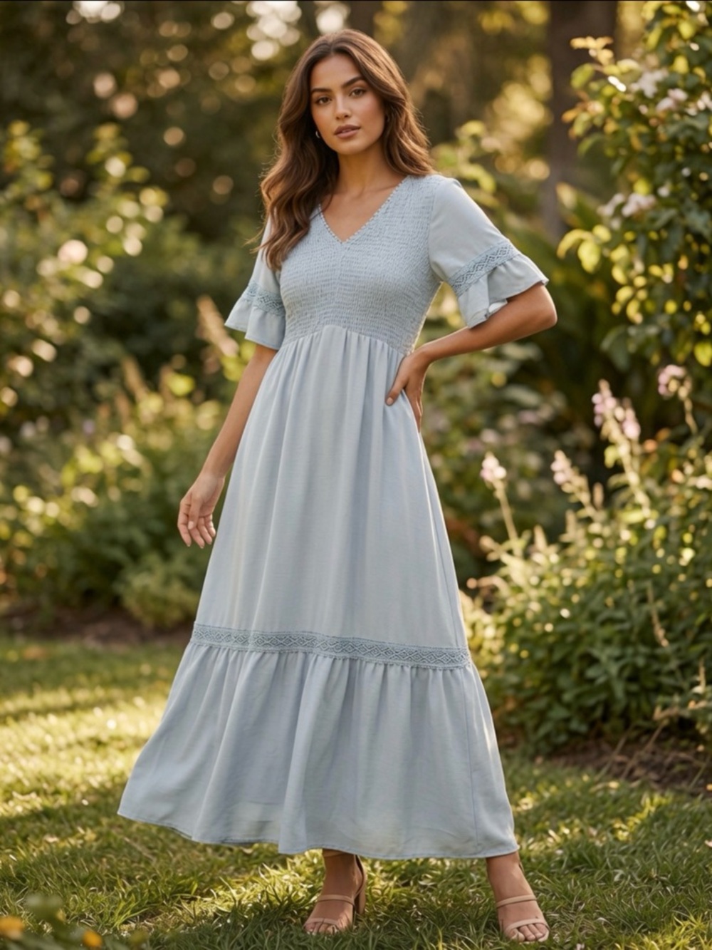 Grace Karin Light Blue Maxi Dress with V-Neck and Ruffle Sleeves